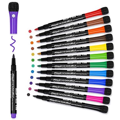 Magnetic Dry Erase Markers Fine: 12 Colors Erasable Whiteboard Markers Fine Point with Eraser Cap, Low Odor White Board Dry Erase Pens Fine Tip for Teachers, Home, Office and School Supplies - Image 1