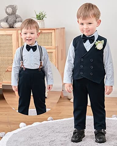 YALLET Toddler Baby Boy Clothes Suit Gentleman Wedding Outfits, Formal Dress Shirt+Bowtie+Vest+Boutonniere+Suspender Pants(V Navy Blue, 2-3T) - Image 3