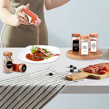 Churboro 24 Spice Jars with 547 Labels - Glass Spice Jars with Shaker Lids - 4 Oz Square Spice Containers with Acacia Wood Lids, Chalk Pen, Funnel- Seasoning Jars for Spice Rack, Cabinet, or Drawer - Image 5
