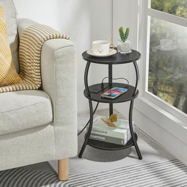 Small Round Side Table with Charging Station, 3-Tier Waist Circular End Table with Storage Shelf, Compact Tea Sofa Side Table Small Spaces, Round Corner Coffee Table for Living Room Bedroon,Black - Image 6