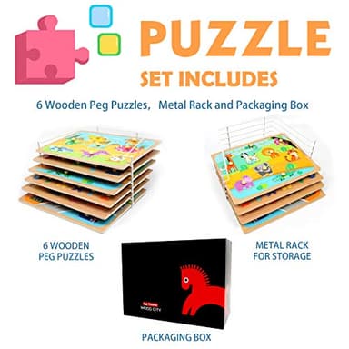 WOOD CITY Toddler Puzzles and Rack Set, Wooden Peg Puzzles Bundle with Storage Holder Rack, Educational Knob Puzzle for Kids Age 2 3 4 Years - Alphabet Number Shape Dinosaur Animal Vehicle - Image 3