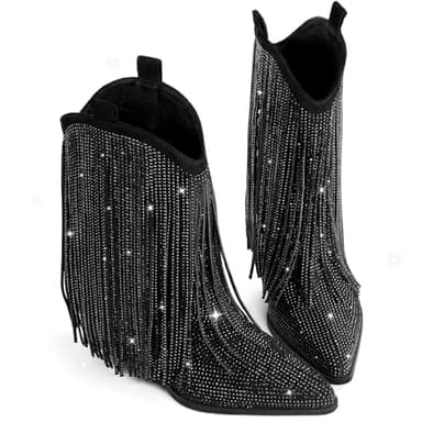Ouepiano Black Cowboy Boots for Women - Black Cowgirl Rhinestone Boots with Sparkly Fringe Pointed Toe Western Boot Chunky Heel Pull-On Wide Calf Botas Vaqueras Size 9 - Image 6