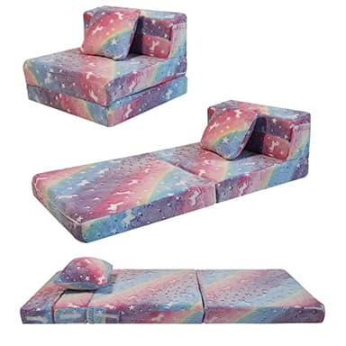 MeMoreCool Glow Rainbow Unicorn Tri-fold Sofa Bed for Kids, Foldable Futon Mattress, Chair, and Floor Couch for Playroom - Image 1