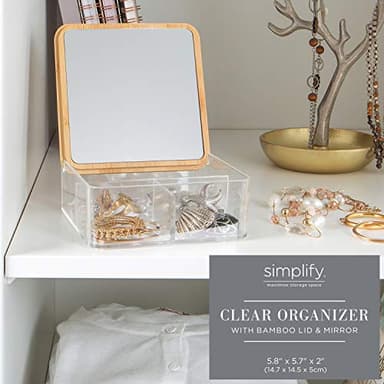 Simplify 3 Compartment Organizer with Bamboo Lid | Mirror | Perfect for Jewelry | Cosmetics | Accessories | Vanity & Countertop | Keepsake Storage Box | Clear - Image 6
