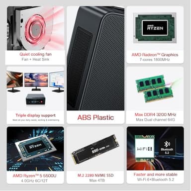 Beelink SER5 Mini PC,AMD Ryzen 5 5500U(6C/12T,up to 4.0 GHz),Mini Computer 16GB DDR4 RAM 500GB M.2 2280 SSD Graphics 7core 1800MHz,Support 4K Triple Display/HDMI+DP+Type-C/Wifi6/BT5.2,Auto Power On - Image 2