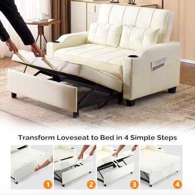 VINGLI Beige Loveseat Sleeper Sofa, Convertible Futon Sofa Bed Faux Leather Pullout Couch Bed with USB Ports, Cup Holders, Armrest for Living Room, Bedroom, Home Office Apartment - Image 5