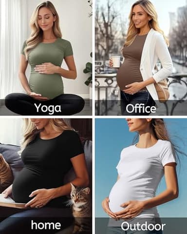 Huukeay 4 Pack Women's Maternity Shirts, Crew Neck Maternity Top Short Sleeve Casual Cotton Tee Side Ruched Pregnancy Clothes(Black, White, Coffee, Army Green,Large) - Image 6