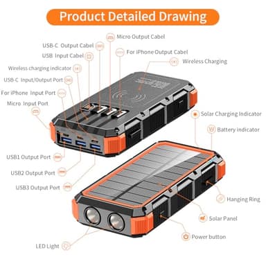 Solar Charger Power Bank 49800mAh Wireless Charger QC 3.0 Fast Charging Power Bank 8 Outputs 4 Inputs Solar Portable Charger Compatible with All Mobile Devices,SOS/Strobe/Strong Flashlights (orange) - Image 5