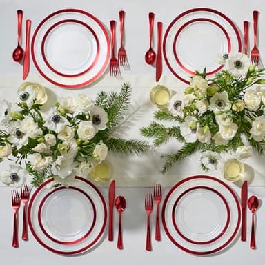 By Madee HEAVYWEIGHT 150 Pc Christmas Plates Dinnerware Set | Clear and Red Plastic Plates, Utensils & Gift Butterflies | Fancy Disposable Plates for Weddings, Birthdays & Holidays (25 Guests) - Image 2