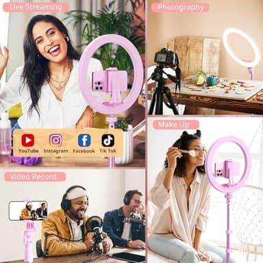 UBeesize 12” Selfie Ring Light with 62” Extendable Tripod Stand & Remote, LED Light with Phone Holder for Video Recording/Makeup/Content Creator (YouTube/TikTok/Twitch), Phone, Camera & Webcam (Pink) - Image 6