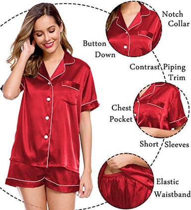 LecGee Womens Pajamas Set Silk Satin Sleepwear Short Sleeve Nightwear Button Down Pj Lounge - Image 5
