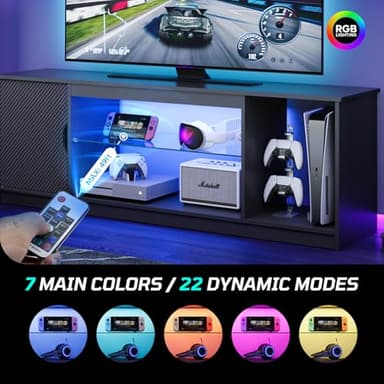 Bestier LED TV Stand for 55/60/65 Inch TV, Gaming Entertainment Center with Cabinet for PS5, Xbox,Modern TV Cabinet with Adjustable Glass Shelves for Living Room, Bedroom 57 Inch,Black - Image 5