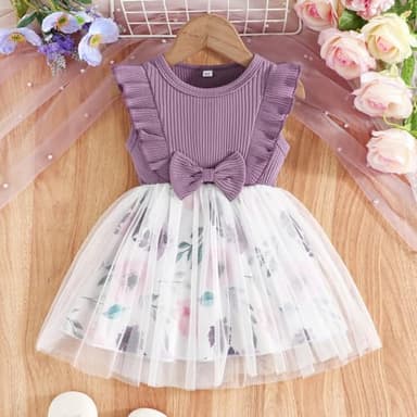 Toddler Baby Girls Tutu Tulle Dress Sleeveless Ruffle Fluffy Cute Sundress for Casual School Party (Purple Flowers, 4-5T) - Image 2