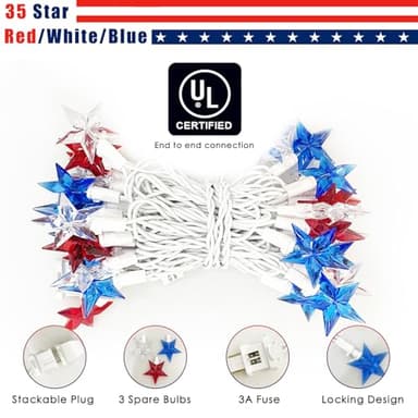 SUNSGNE Star String Lights Red White and Blue String Lights, 13.6FT Indoor 4th of July Lights with 35 LED Star Fairy Lights for Patriotic Independence Day Memorial Day Fourth of July Decorations - Image 7