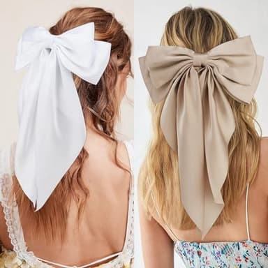 Velscrun 3Pcs Women's Hair Accessories Gifts: White, Black, and Khaki Oversized Satin Hair Bows with Long Tails, Barrettes, and Clips for Girls - Image 5