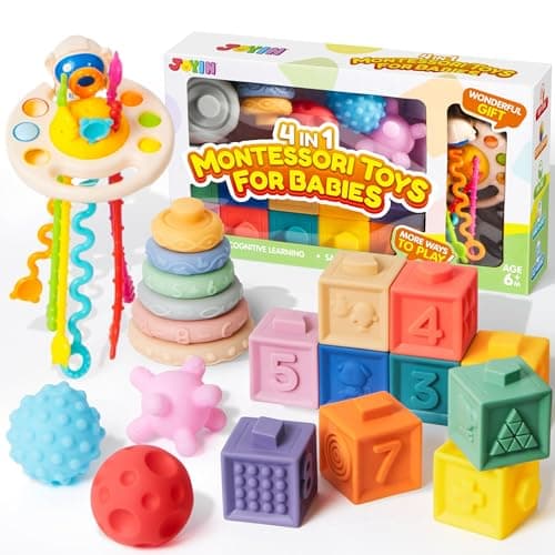 JOYIN Baby Toys - Montessori Toys for Babies, Food-Grade Sensory Present Infant Stacking Circles Teether, Blocks, 3D Stress Balls, Pull String, Learning Gifts for Baby Girls Boys - Image 1