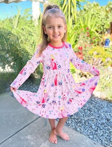 Disney Princess Aurora Dress Toddler Girl Floral Skater Dresses Long-Sleeve Casual A-Line Playwear Kids Winter Fall Clothes School Outfit Pink 2T - Image 3