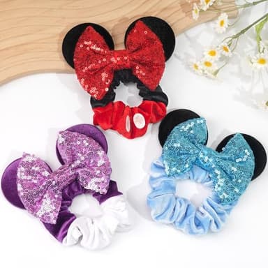 6 Pack Mouse Ears Scrunchies Velvet Sparkle Sequin Mouse Bows Hair Scrunchies Hair Ties Elastic Rubber Bands Ponytail Holders for Kids Women Girls Christmas Party Decoration - Image 5