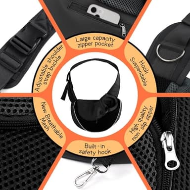 YUDODO Pet Sling Carrier for Small Dogs & Cats – Hands-Free Puppy Carrier with Safety Hook, Large Zipper Pocket, Soft Breathable Mesh, Adjustable Strap & Reflective Strip (Black 2.0 S) - Image 4