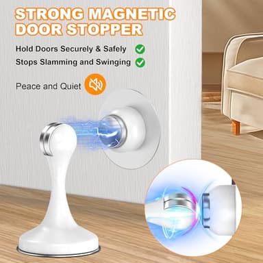 Crosize Magnetic Door Stoppers 2 Pack, Stainless Steel Door Stops for Wall and Floor Mounting, Door Holder Keep Door Open, No Drilling Door Stop with Adhesive Tapes, White - Image 2