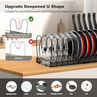 Housolution Pot and Pan Organizer Rack for Cabinet, Expandable Pot Lid Organizer Holder with 14 Adjustable Dividers, Fully Expanded Size 22.83" W x 7.09" D x 7.09" H, Black - Image 2