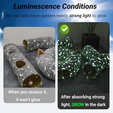 LUCKITTY Cat Tunnel Bed Under Christmas Tree with Plush Ball Toy Playground Crinkle Collapsible Self-Luminous Flannel Fabric 3FT for Large Cats Kittens Kitty Small Animals Puppy Grey Moon Star - Image 2