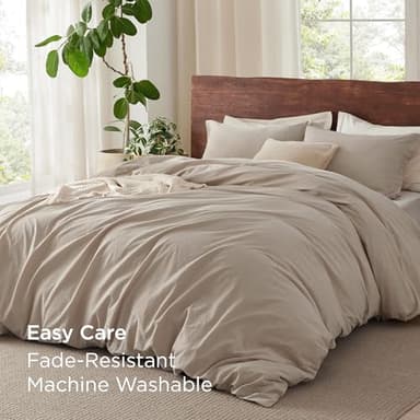 Bedsure 100% Washed Cotton Duvet Cover Queen Size - Frosted Almond Minimalist Cotton Duvet Cover Linen Like for All Seasons - GentleSoft™ Plain Simple Bedding, Frosted Almond, Queen, 90"x90" - Image 9
