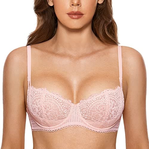 DOBREVA Women's Sexy Lace Push Up Plus Size Bra Sheer Balconette Underwire Unlined Gentle Rose 42F - Image 1