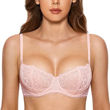 DOBREVA Women's Sexy Lace Push Up Plus Size Bra Sheer Balconette Underwire Unlined Gentle Rose 42F - Image 1