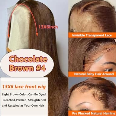 Chocolate Brown Lace Front Wigs Human Hair 30Inch Pre Plucked 13x6 Straight Lace Front Wigs Human Hair 180% Density Coloed #4 Light Brown Glueless Wig HD Lace Frontal Wigs for Women - Image 2