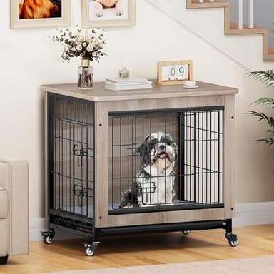 YITAHOME Dog Crate Furniture with Cushion, Kennel with Wheels, End Table with Tray, 27" Cage with Double Doors for Small Dog (Gray) - Image 1