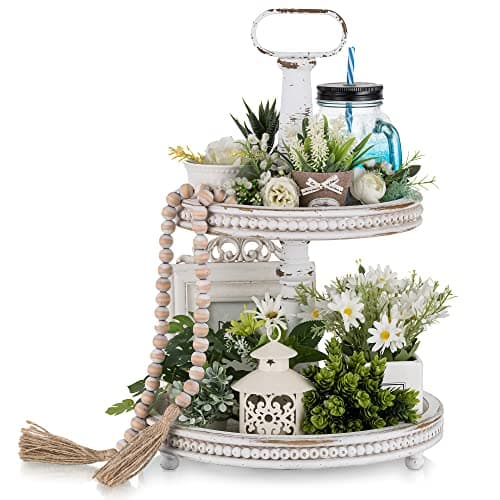 Hanobe Two Tiered Tray Stand: Farmhouse 2 Tier Easter Decorative Trays White Round Serving Wood for Home Decor Living Room Coffee Table Centerpieces Kitchen Gift - Image 1