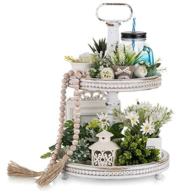 Hanobe Two Tiered Tray Stand: Farmhouse 2 Tier Easter Decorative Trays White Round Serving Wood for Home Decor Living Room Coffee Table Centerpieces Kitchen Gift - Image 1