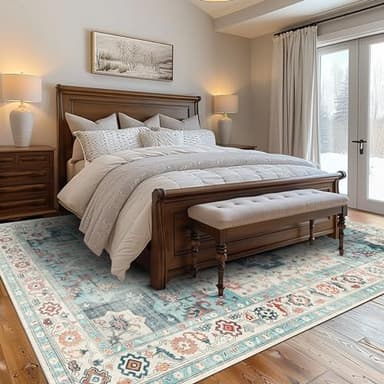 GENIMO 8x10 Area Rugs for Living Room, Machine Washable Non Slip Vintage Rugs, Low Pile Lightweight Chenille Print Rug for Bedroom, Dining Room, Home Office, Turquoise - Image 3