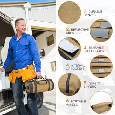 Tool Roll Bag Organizers- Heavy Duty Roll Up Tool Bag Organizer 6 Tool Pouches with Labeled, Small Tool Bag Removable Pouches, Gifts for Electrician,Carpenter, Plumber, Mechanic, Hobbyist - Image 3
