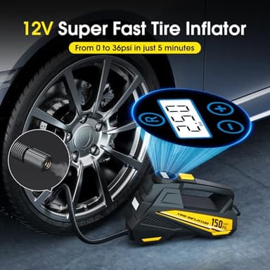 FLYKID Tire Inflator Portable Air Compressor - DC 12V Air Pump for Car Tires with 150PSI LCD Digital Gauge & Emergency LED Light,Auto Tire Pump for Cars,Motorcycles,Bikes,Balls (Large) - Image 3