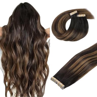 DOORES Tape in Human Hair Extensions, Balayage Dark Brown to Chestnut Brown100g 40pcs 22 Inch, Hair Extensions Tape in Straight Skin Weft Remy Hair Extensions - Image 1