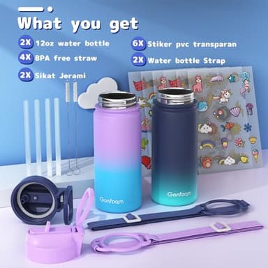 Kids Water Bottle, 2-Pack 16oz Water Bottles with Stickers and Straw, Stainless Steel Vacuum Insulated cup, Kids Water Bottle for School, Gifts for Boys and Girls(Blue/Purple) - Image 3
