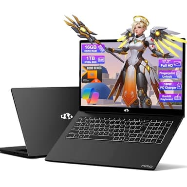NIMO 17.3 Gaming-Laptop Ryzen 9 8945HS (>i9-13900H) 16GB RAM, 1TB SSD, Radeon 780M, PD 100W USB-C 4.0 AI-Enhanced for Copilot VR Ready, Backlit KB Fingerprint Unlock, Gaming Student Office Business - Image 1