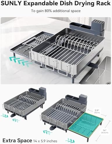 SUNLY Large Dish Drying Rack, Expandable Dish Racks for Kitchen Counter, Space Saving 304 Stainless Steel Drying Rack Kitchen, Extra Large Drainer with Multifunctional Flip Up Pegs, Gray - Image 2