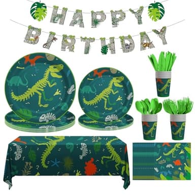 Cecnamt Dinosaur Birthday Decorations, 170 Pcs Dinosaur Party Supplies Including Banner, Plates, Cups, Napkins, Cutlery and Tablecloths, Serves 24 - Image 1