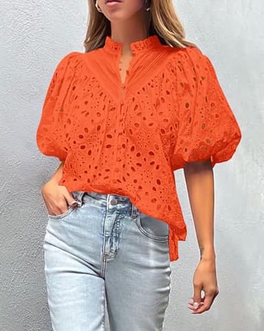 PRETTYGARDEN Women's Summer Tops 2025 Dressy Casual Short Sleeve V Neck Buttons Hollow Out Lace Embroidered Blouses Shirts (Orange,Large) - Image 4
