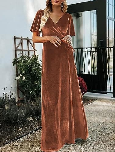 CYiNu Women's Wrap Velvet Maxi Dress V Neck Bell Sleeve Split Elegant Cocktail Party Dress(Brown,L) - Image 3