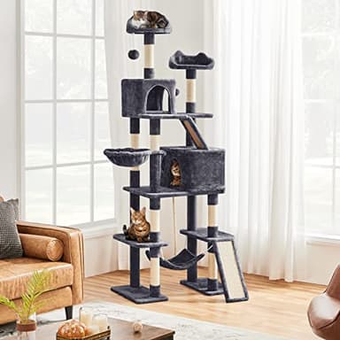 Yaheetech Cat Tree, 82.5in Large Tower w/Hammock, 2 Kitty-Ear Perches, 2 Cozy Condos, Scratching Posts, Basket, Furniture for Large Cats, Kittens, Dark Gray - Image 3