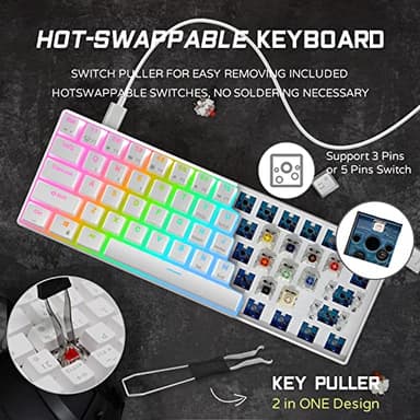 RK ROYAL KLUDGE RK61 60% Gaming Keyboard, Wired RGB Mechanical Keyboard with No-Conflict 61 Keys, Hot Swappable PC Game Keyboard for Windows Mac, Quiet Red Switch-White - Image 4
