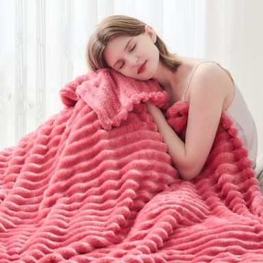 NEWCOSPLAY Super Soft Queen Blanket Coral Pink Premium Silky Flannel Fleece 3D Ribbed Jacquard Lightweight Bed Blanket All Season Use (Coral Pink Ribbed, Queen(90"x90")) - Image 7