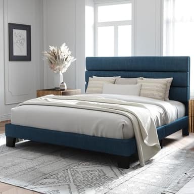 Allewie King Size Platform Bed Frame with Fabric Upholstered Headboard and Wooden Slats Support, Fully Upholstered Mattress Foundation/No Box Spring Needed/Easy Assembly, Navy Blue - Image 3