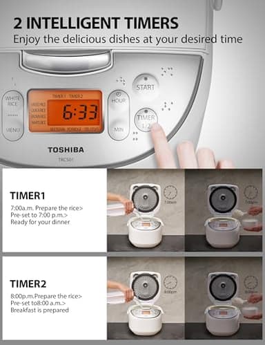 Toshiba Rice Cooker 6 Cup Uncooked – Japanese Rice Cooker with Fuzzy Logic Technology, 7 Cooking Functions, Digital Display, 2 Delay Timers and Auto Keep Warm, Non-Stick Inner Pot, White - Image 5