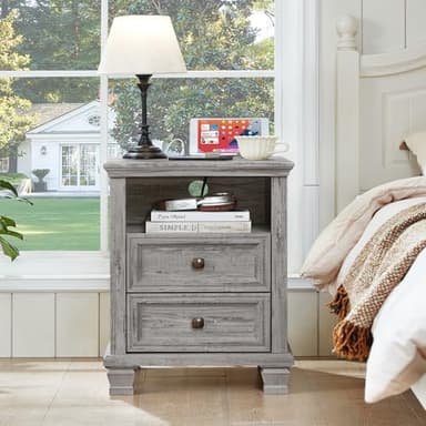 SAVOR LIFE Farmhouse Nightstand Set of 2 with Charging Station, Rustic Grey Nightstand,2 Drawers End Table for Living Room,Bedside Table with Open Shelf for Bed Room,Grey - Image 9