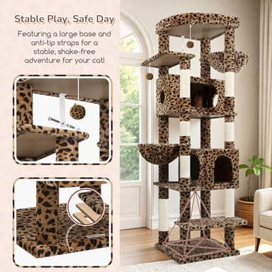 Globlazer Heavy Duty Cat Tree, 74inch Sturdy Cat Tower for Large Cats Adult, Big Cat Tree with 7 Sisal Scratching Posts, 2 Padded Cat Condos, 2 Hanging Baskets, Enlarged Top Perch, S74, Leopard Print - Image 5